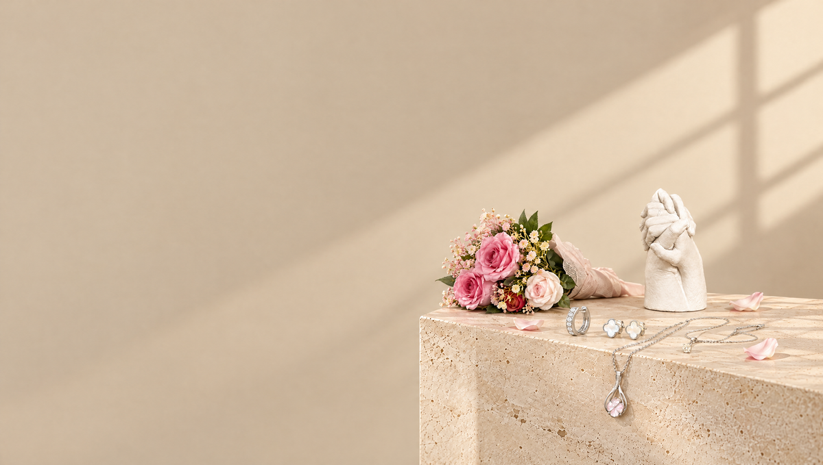 Flovela bouquet, jewellery and hand casting sculpture on a stone plinth