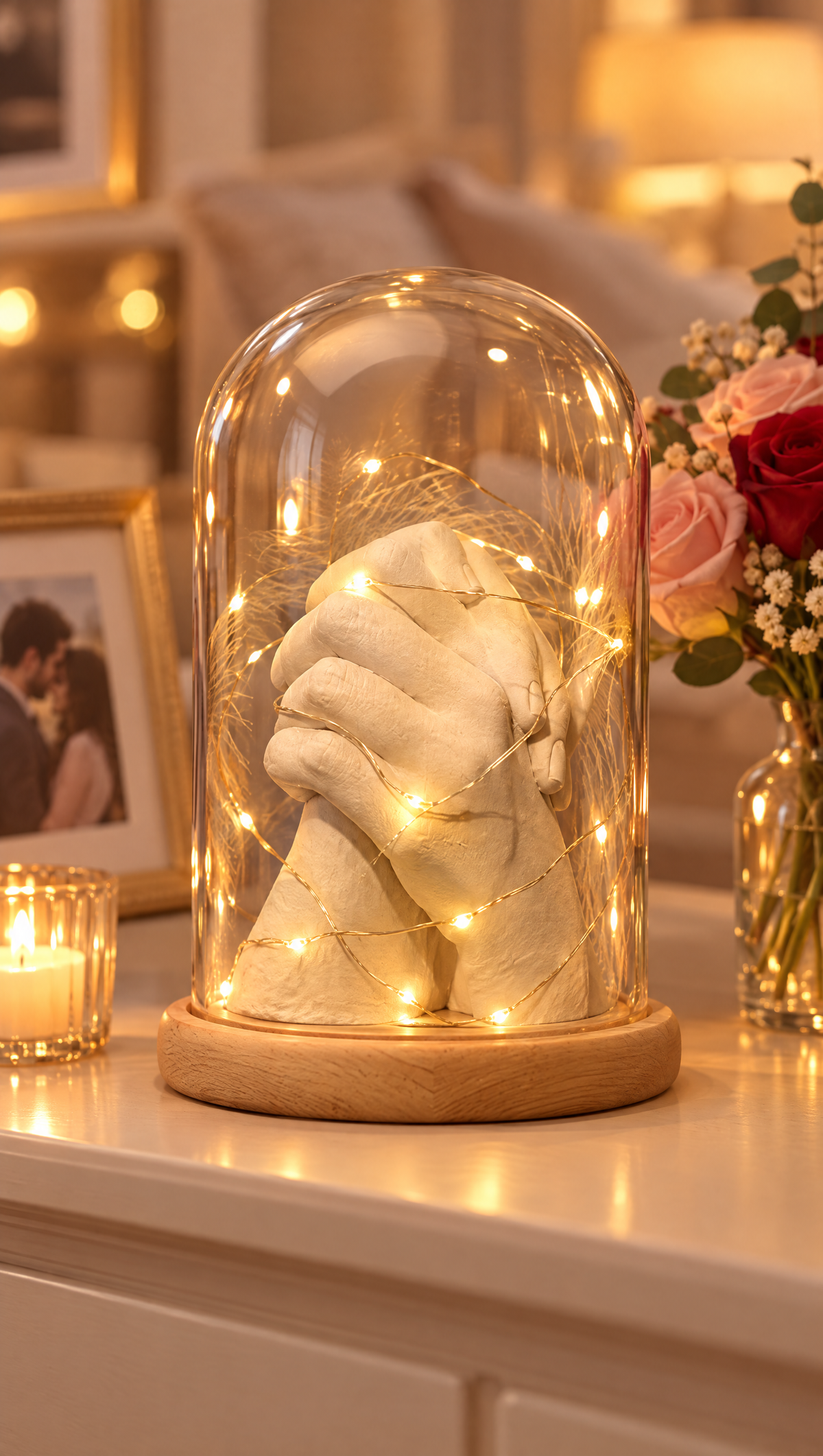 Finished hand casting displayed under a glass dome with fairy lights