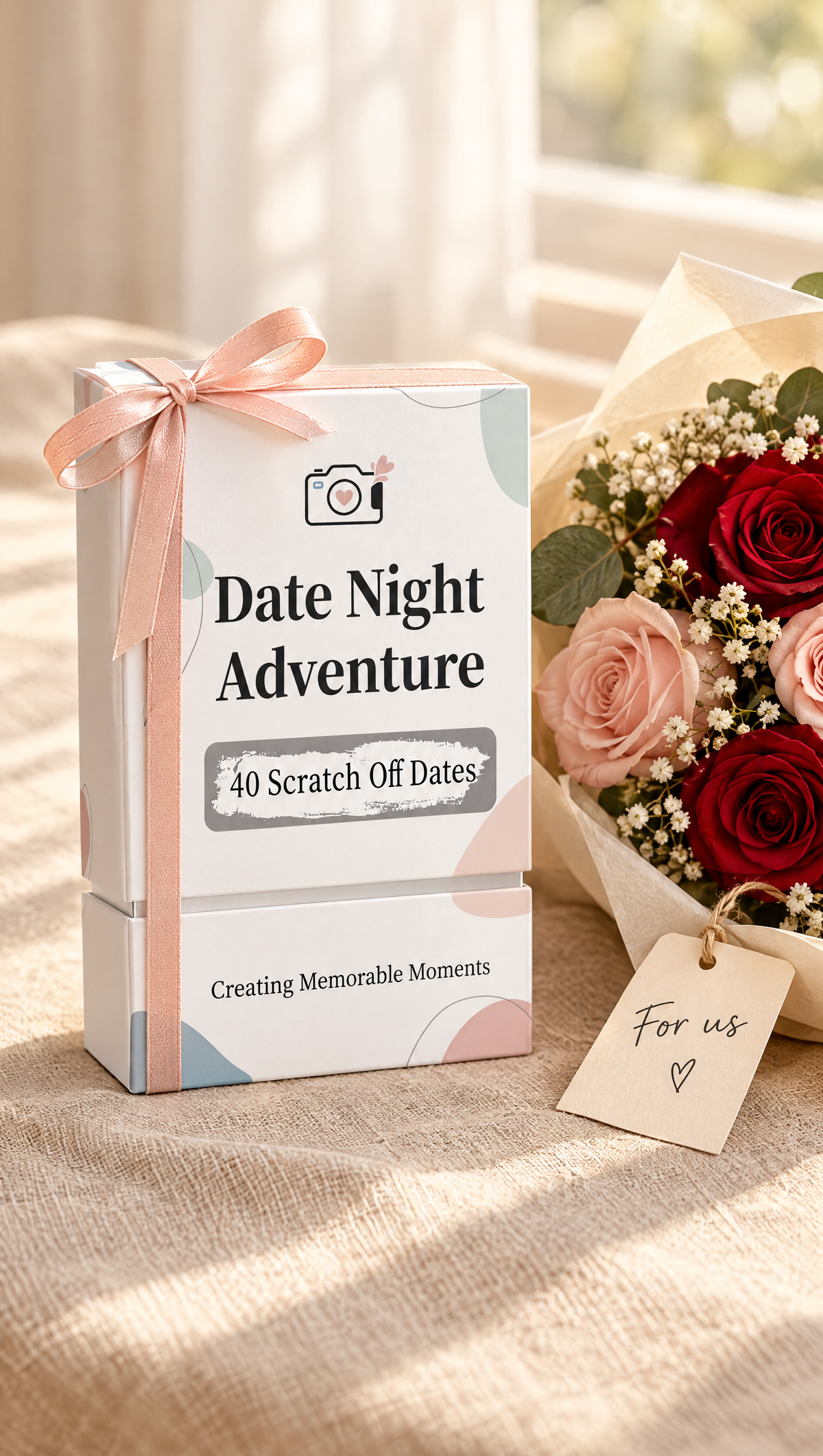 Date Night Adventure cards as a gift with roses
