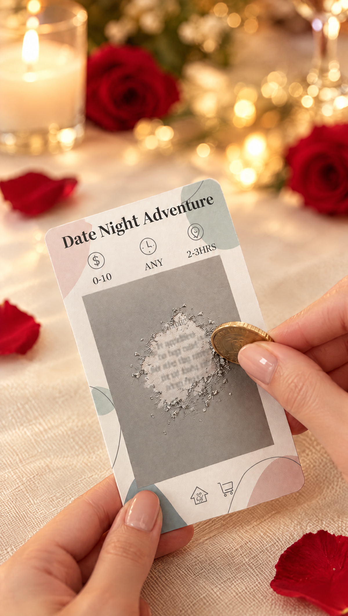 Scratching off a date night card with a coin