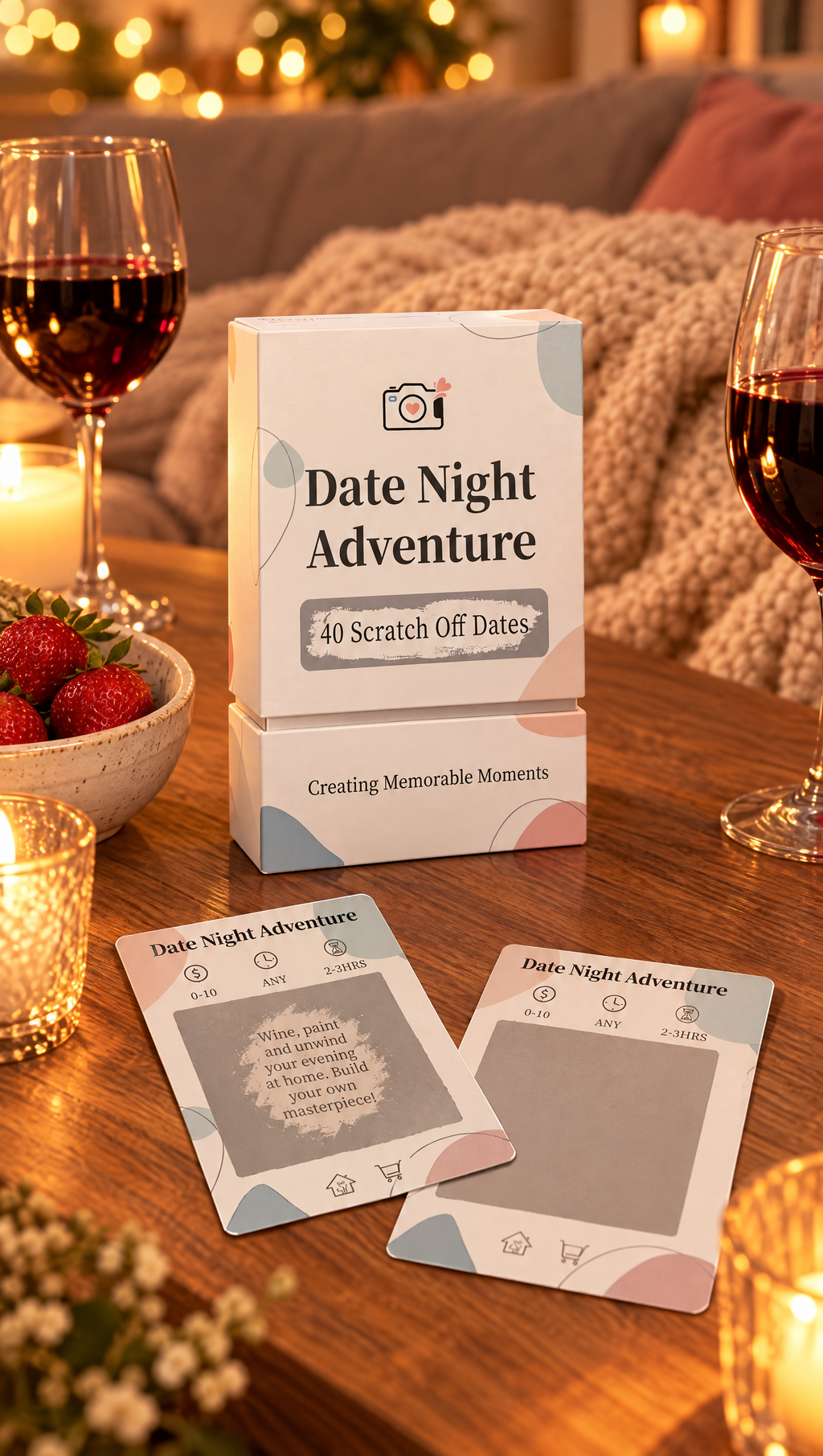 Date Night Adventure cards on a cosy date night at home