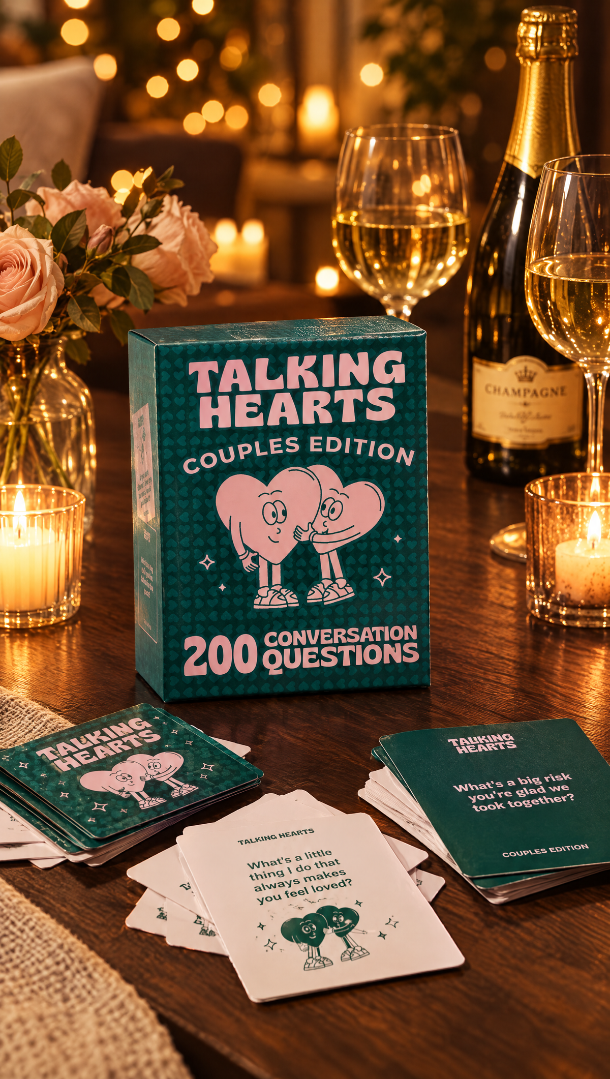 Talking Hearts cards on a date night table