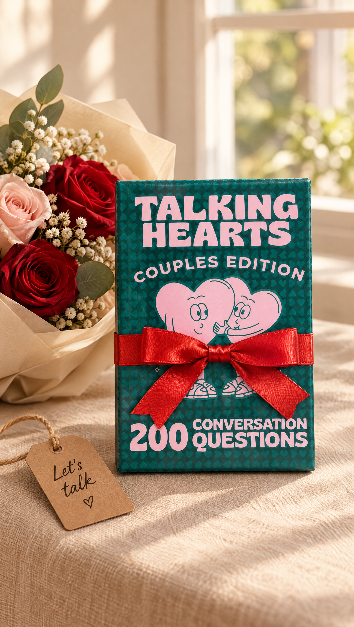 Talking Hearts cards as a gift with roses