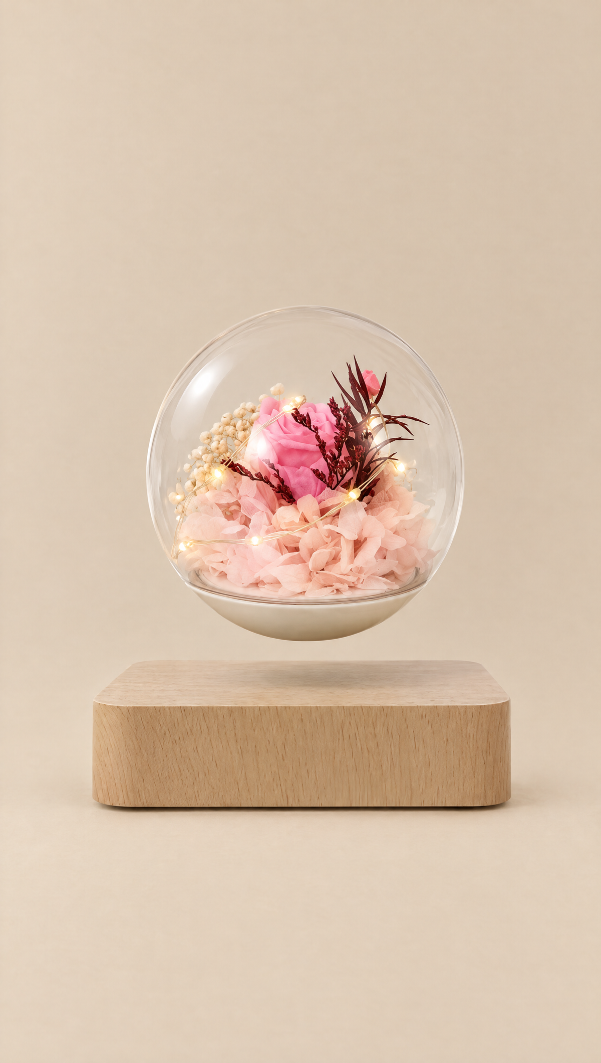 Levitating flower lamp with pink preserved flowers floating above a wooden base