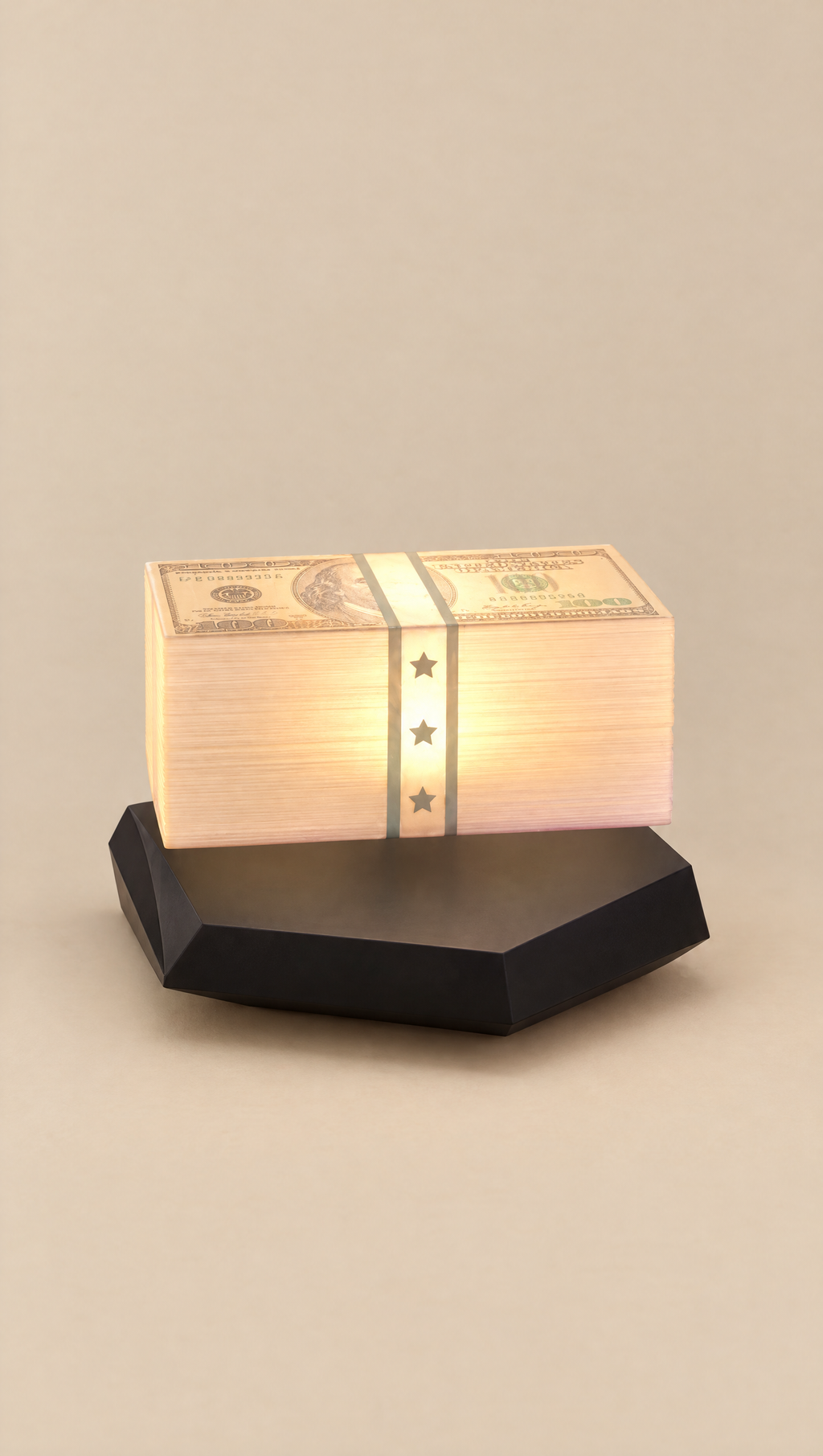Levitating money lamp floating above its base