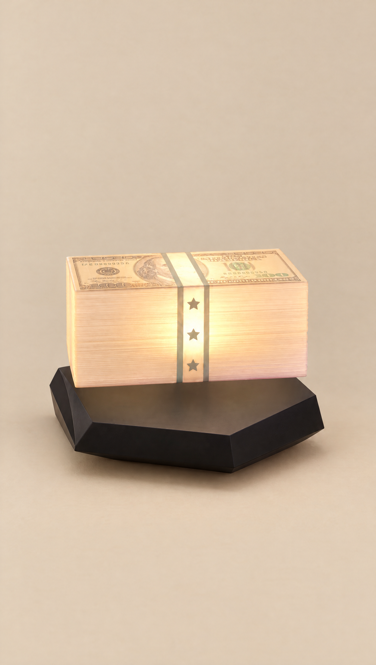 Levitating money lamp floating above its base