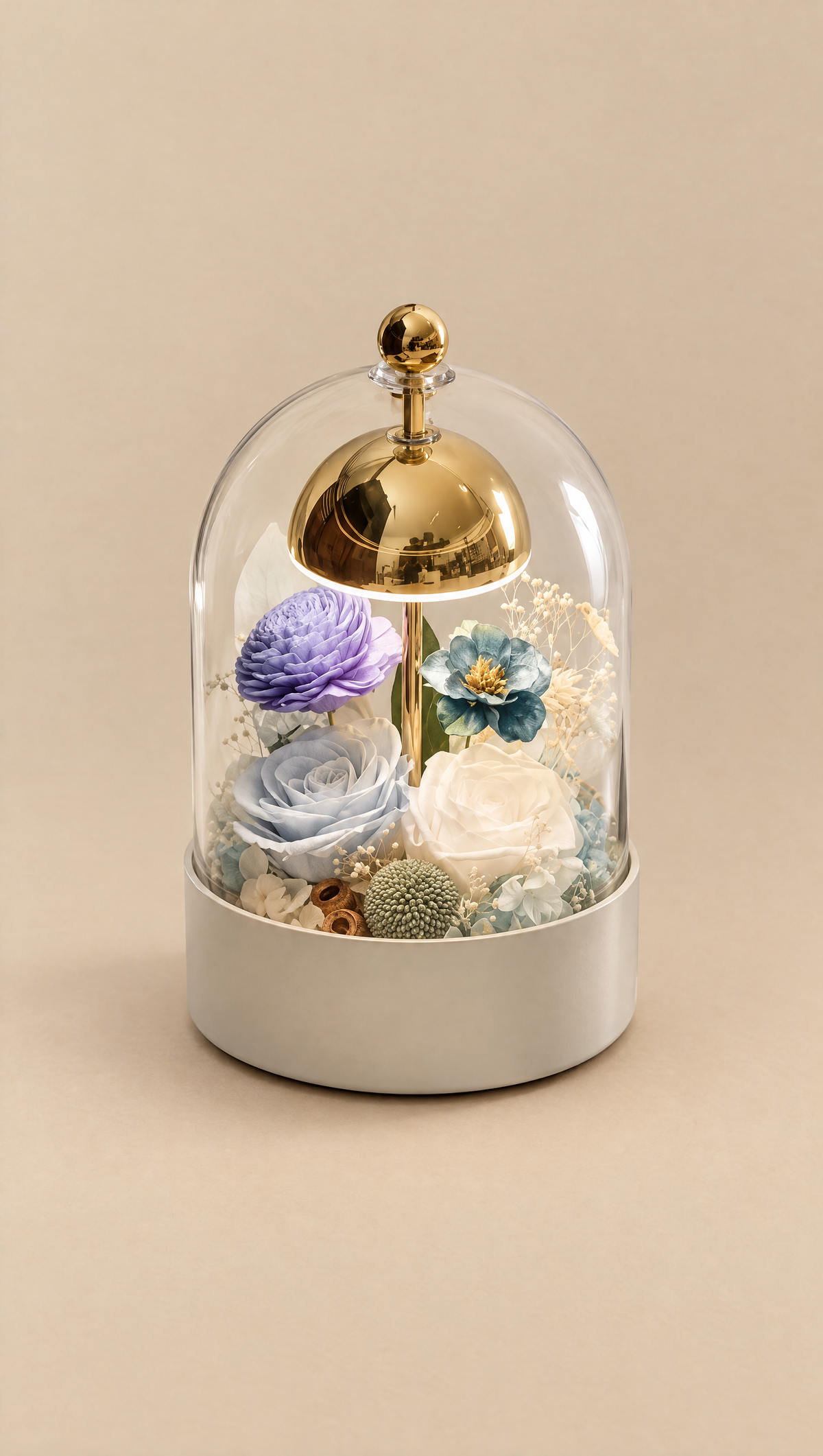 Lavender Dream Dome with gold mini lamp and lavender, blue and ivory preserved roses