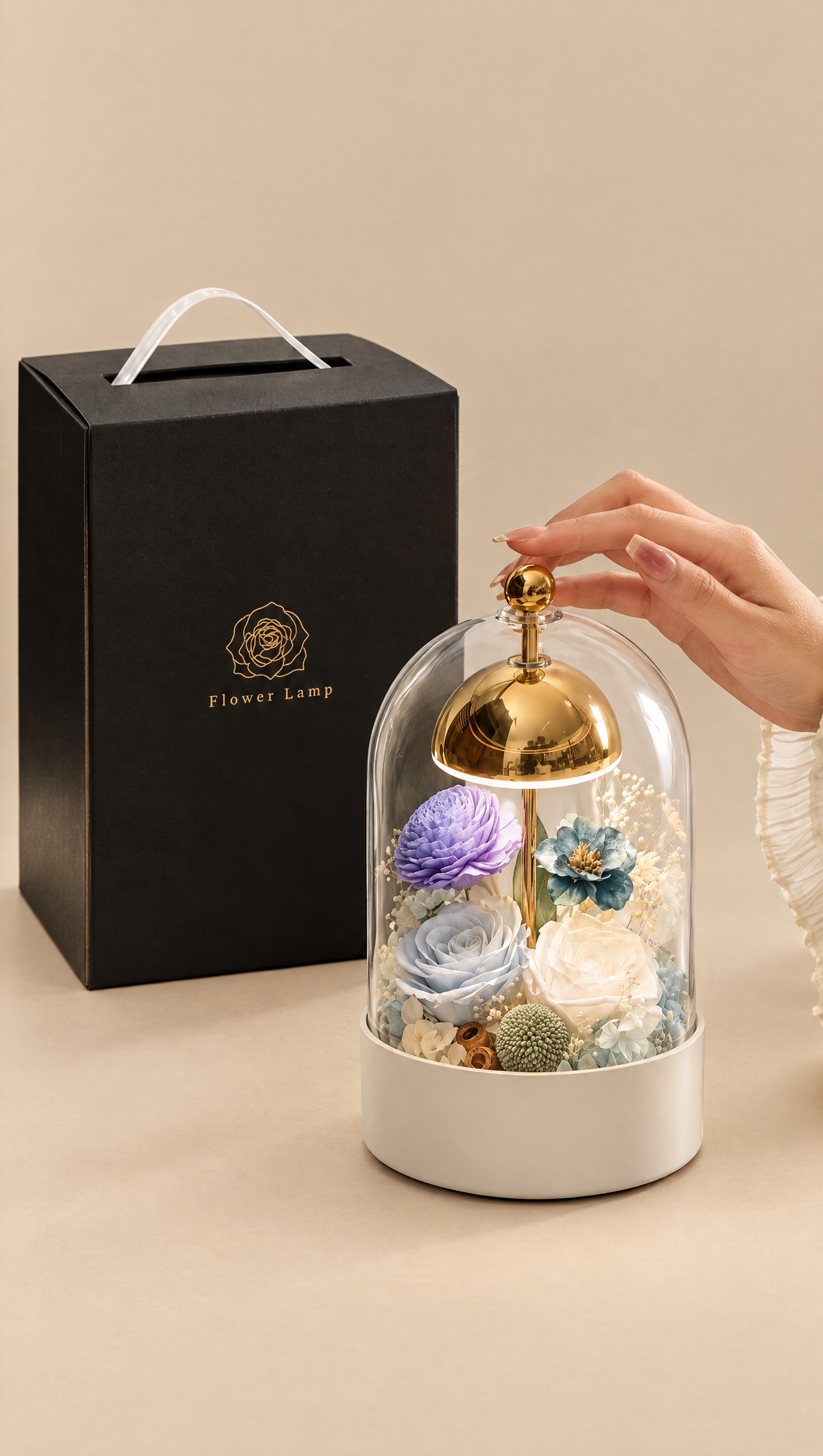 Lavender Dream Dome with its black gift box and a hand touching the lamp