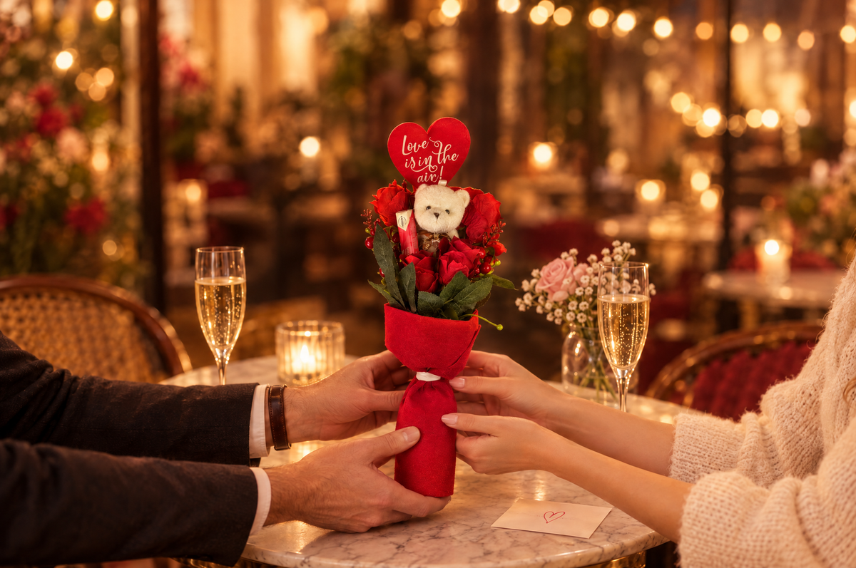 Falling in Love bouquet being handed across a cafe table